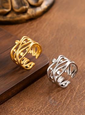 钛钢复古镀金不掉色开口戒指