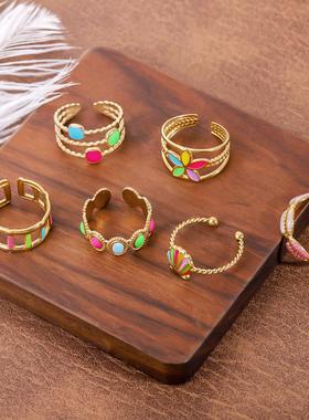 甜酷风几何红珐琅可调戒指