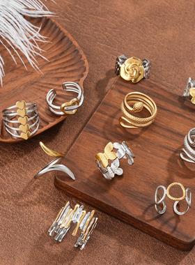 欧美高级感双拼色金叶戒指