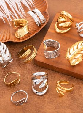 18K金不锈钢树叶开口戒指