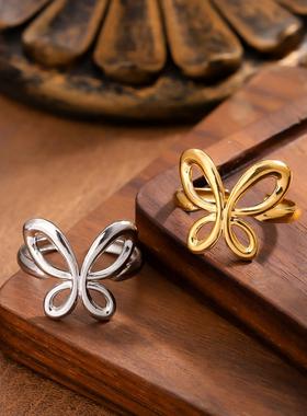 不锈钢蝴蝶戒指18K镀金女款
