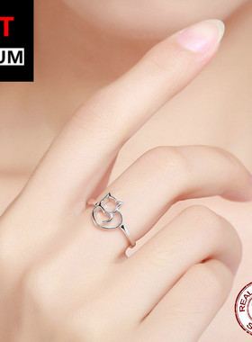 跨境百搭饰品动物系列调皮猫咪S925纯银戒指 个性简约镂空指环女