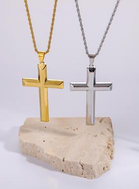 简约斜边不锈钢十字架项链