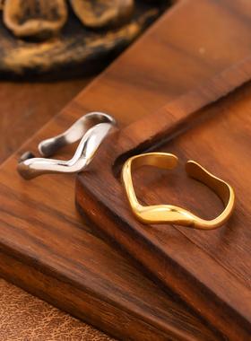 不规则波浪戒指不锈钢可调