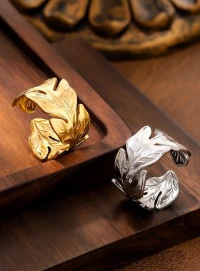 欧美风不锈钢镀金树叶戒指