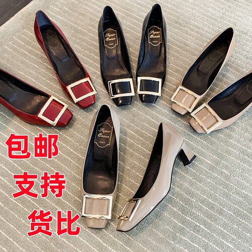 陌上花高定真皮方头大象灰粗跟漆皮伴娘单鞋通勤鞋婚鞋浅口女