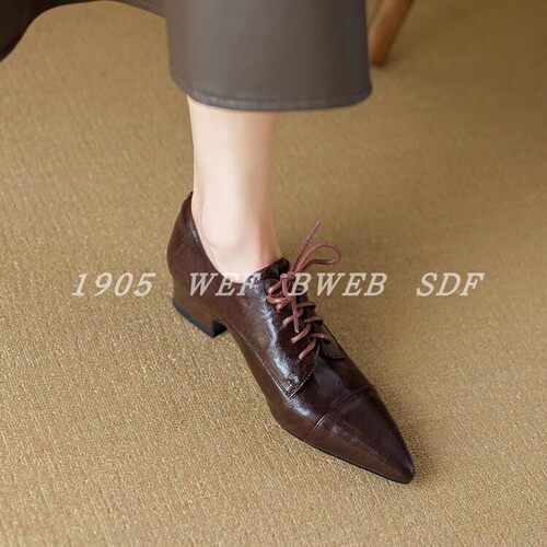 羊皮版   陌上花手工真皮单鞋女2026新款尖头系带乐福鞋粗跟正装