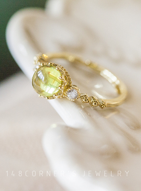 日系宫廷风天然橄榄石银镀金指环