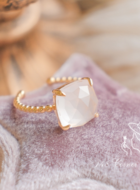 日系清新甜美简约天然樱花粉水晶芙蓉石招桃花925银方块开口戒指