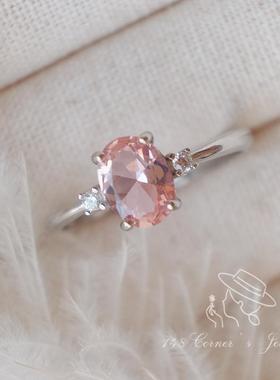 粉黛甜茶 法式复古气质甜美优雅淡粉天然摩根石925银开口戒指环