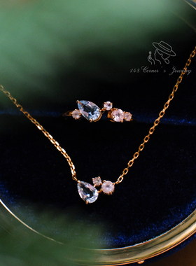 冰岛记忆 气质个性设计百搭日系蓝托帕石水晶925银戒指环项链套装