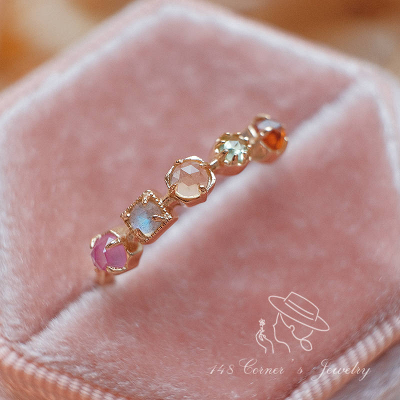 落日橙花 日系清新设计彩色方块天然红刚玉橙石榴石彩宝925银戒指