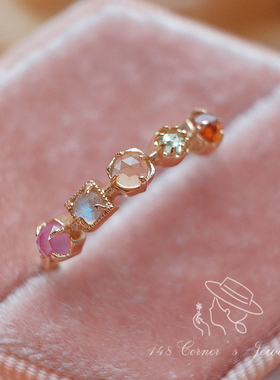 落日橙花 日系清新设计彩色方块天然红刚玉橙石榴石彩宝925银戒指