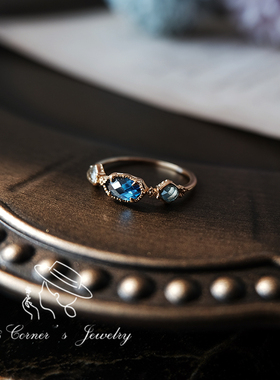 气质蓝色几何锆石纯银镀金戒指环