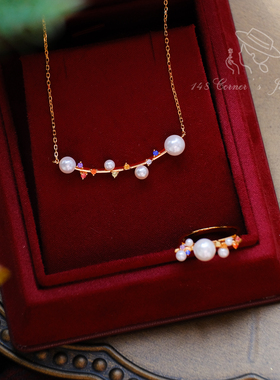 清屿甜梦  气质简约个性贝珠彩虹锆石925纯银镀K金锁骨短项链戒指