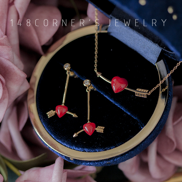 甜美风红色小爱心银镀金项链耳钉