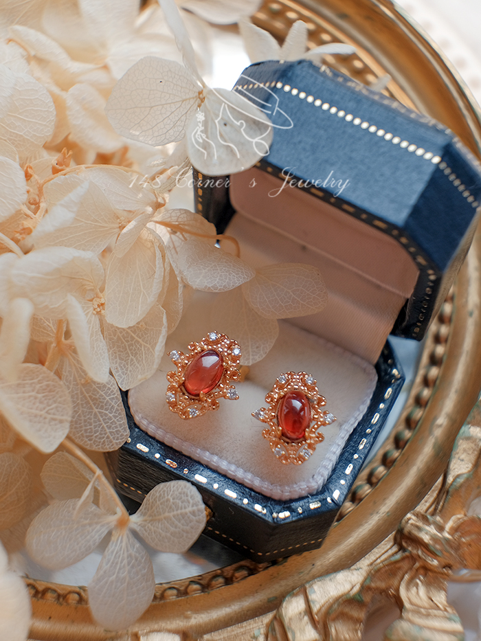 复古宫廷风古风红石榴石925纯银镀金气质耳钉短款项链套装礼物