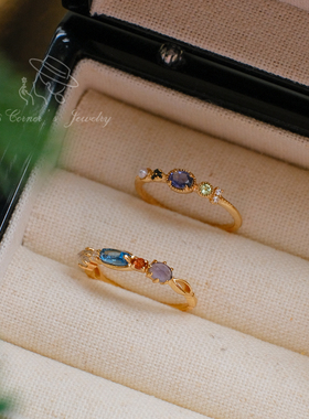 繁花绮梦 日系精致气质百搭复古天然宝石堇青石蓝托帕925纯银戒指