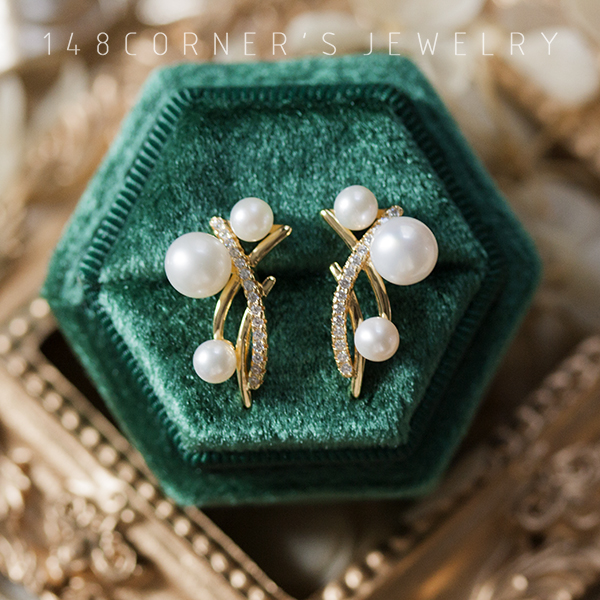 日系宫廷风弧形银镀金淡水珍珠