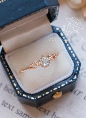 日系清新气质简约天蓝色海蓝宝项链人鱼泪925银镀K金戒指环礼物