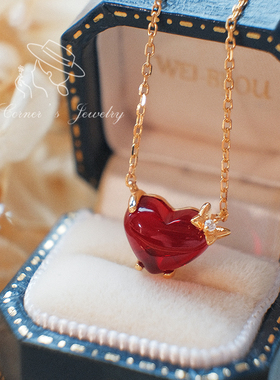 果酱甜心 日系轻奢复古百搭气质红色爱心蝴蝶925银镀金项链锁骨链