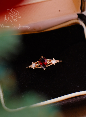 绯红 复古气质中式显白红莫桑比石榴石925纯银镀金菱形戒指环