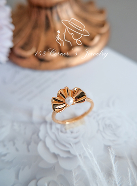 日系浪漫格桑花贝壳珍珠扇形戒指