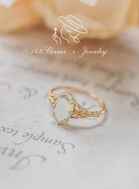 日系天然绿水晶树叶纹纯银戒指