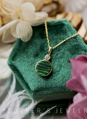 绿色孔雀石圆形银镀金短款锁骨链