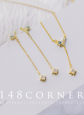 日系定制star jewelry六芒星星月Y字流苏925银镀金短项链耳钉套装