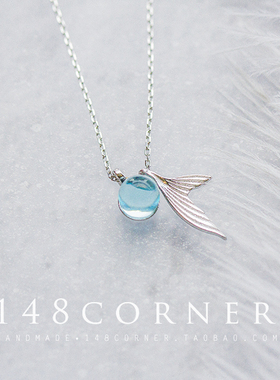 甜美风人鱼的眼泪蓝色纯银项链