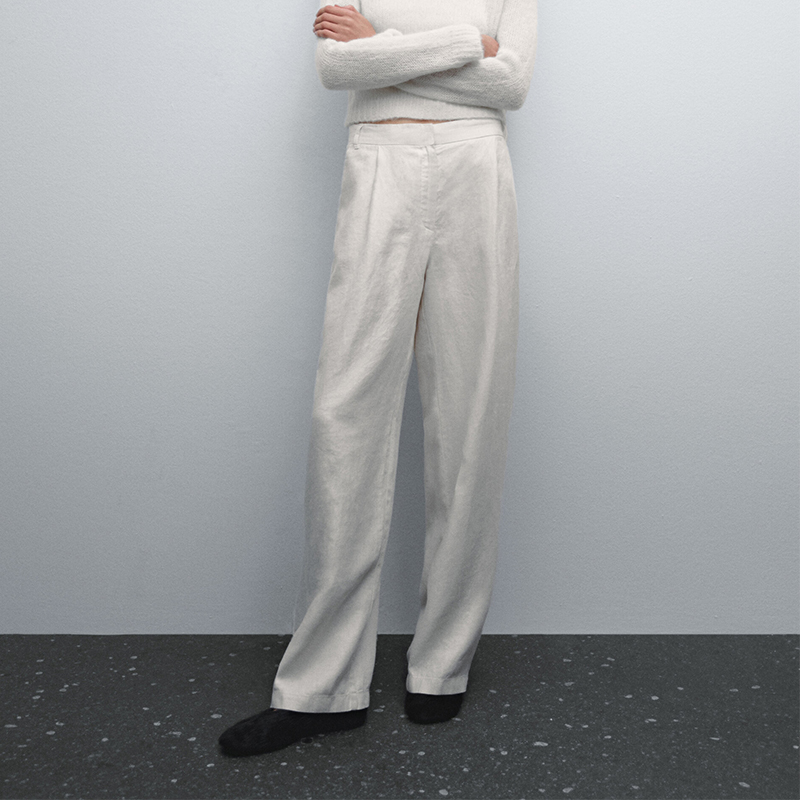 西班牙MD女装2025春夏新款休闲老钱风白色飘逸棉麻宽松阔腿长裤