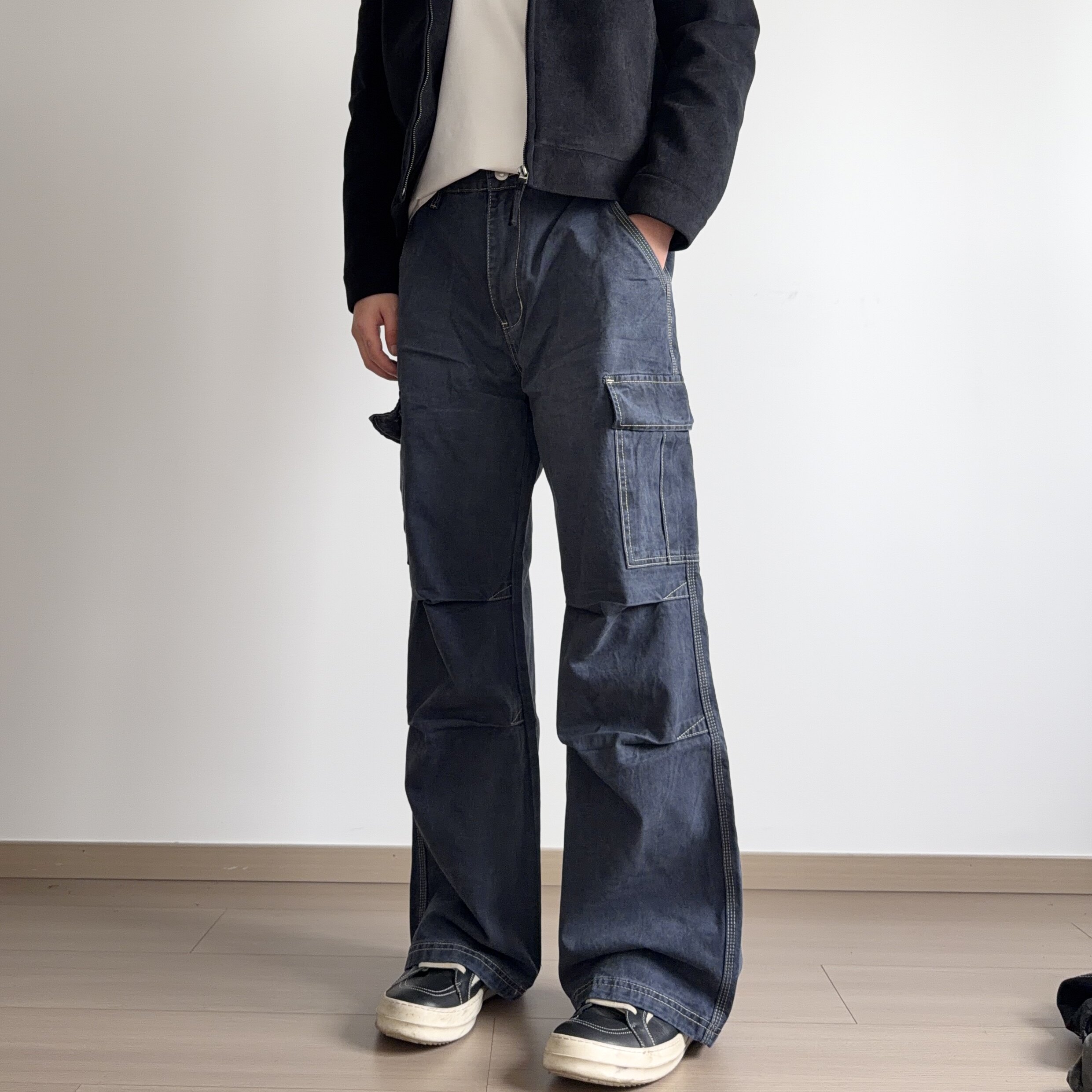 soxiox法工蓝工装裤男女夏薄款水洗美式高级感痞帅大码baggy裤子