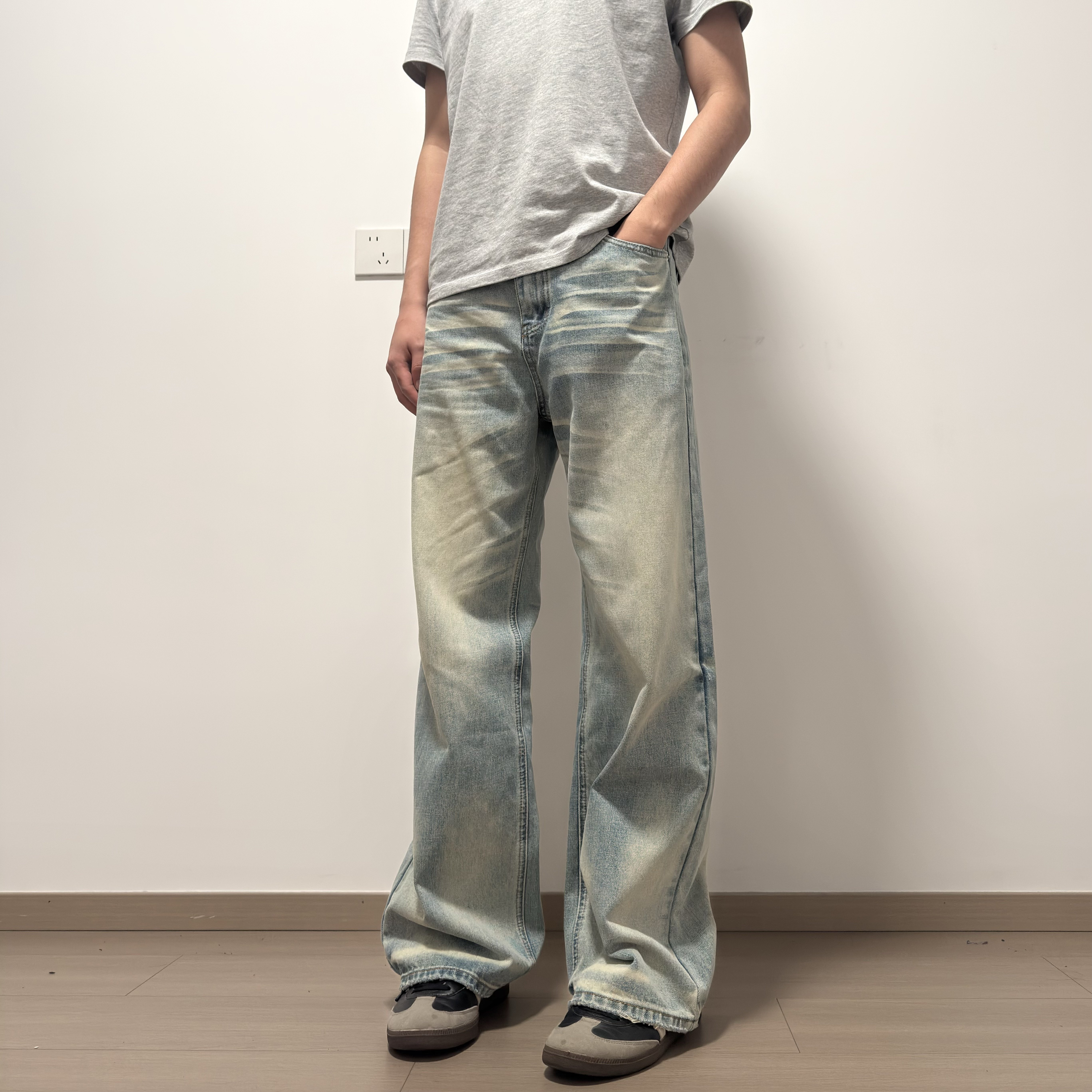 soxiox夏季浅蓝色a字版型牛仔裤男女款宽松直筒阔腿cleanfit裤子