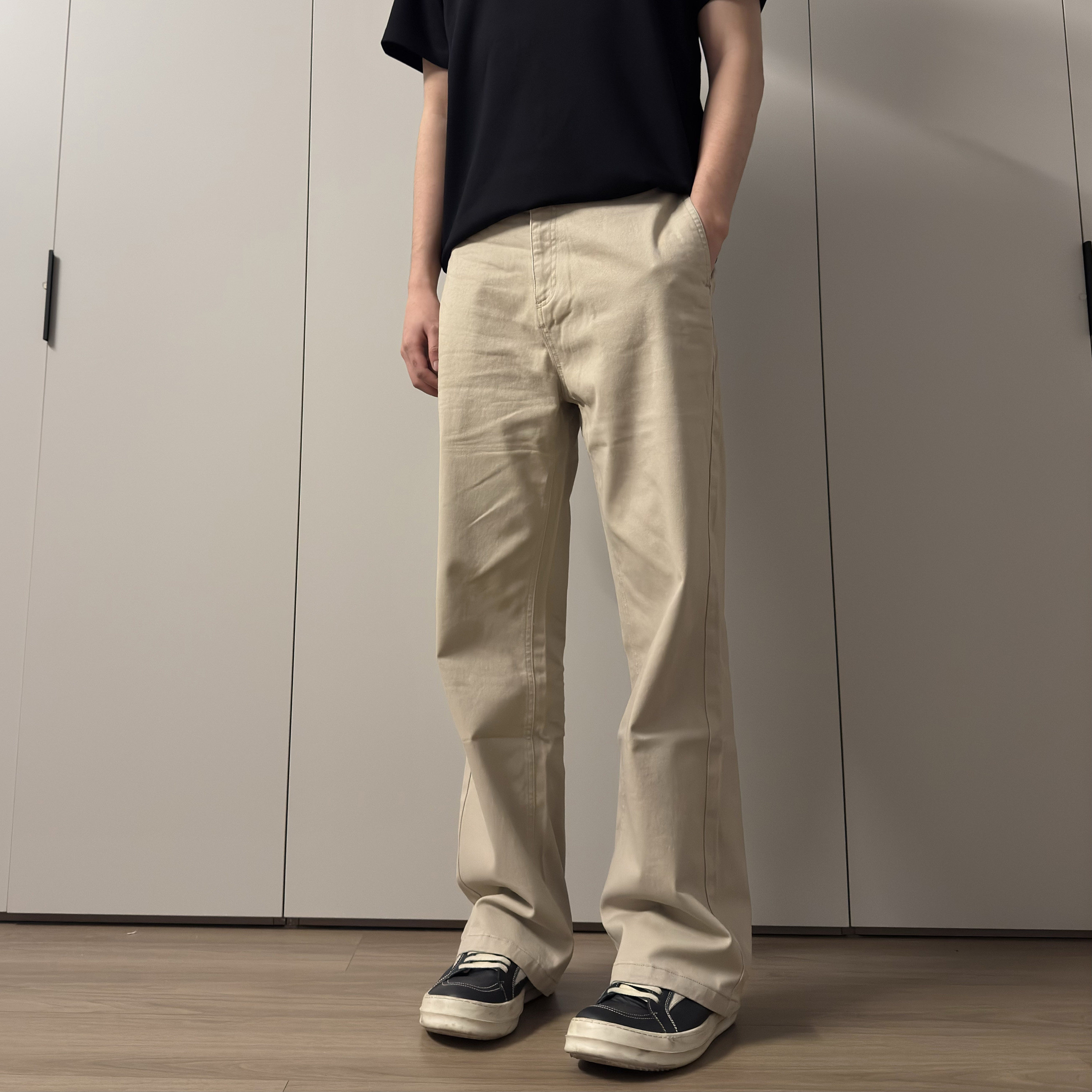 soxiox卡其色修身牛仔工装裤男款美式窄版直筒弹力男士休闲裤子夏