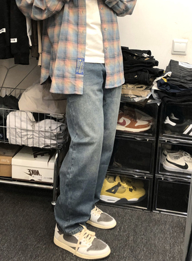 soxiox复古蓝牛仔裤男女直筒宽松水洗美式复古锥形高街潮牌长裤子