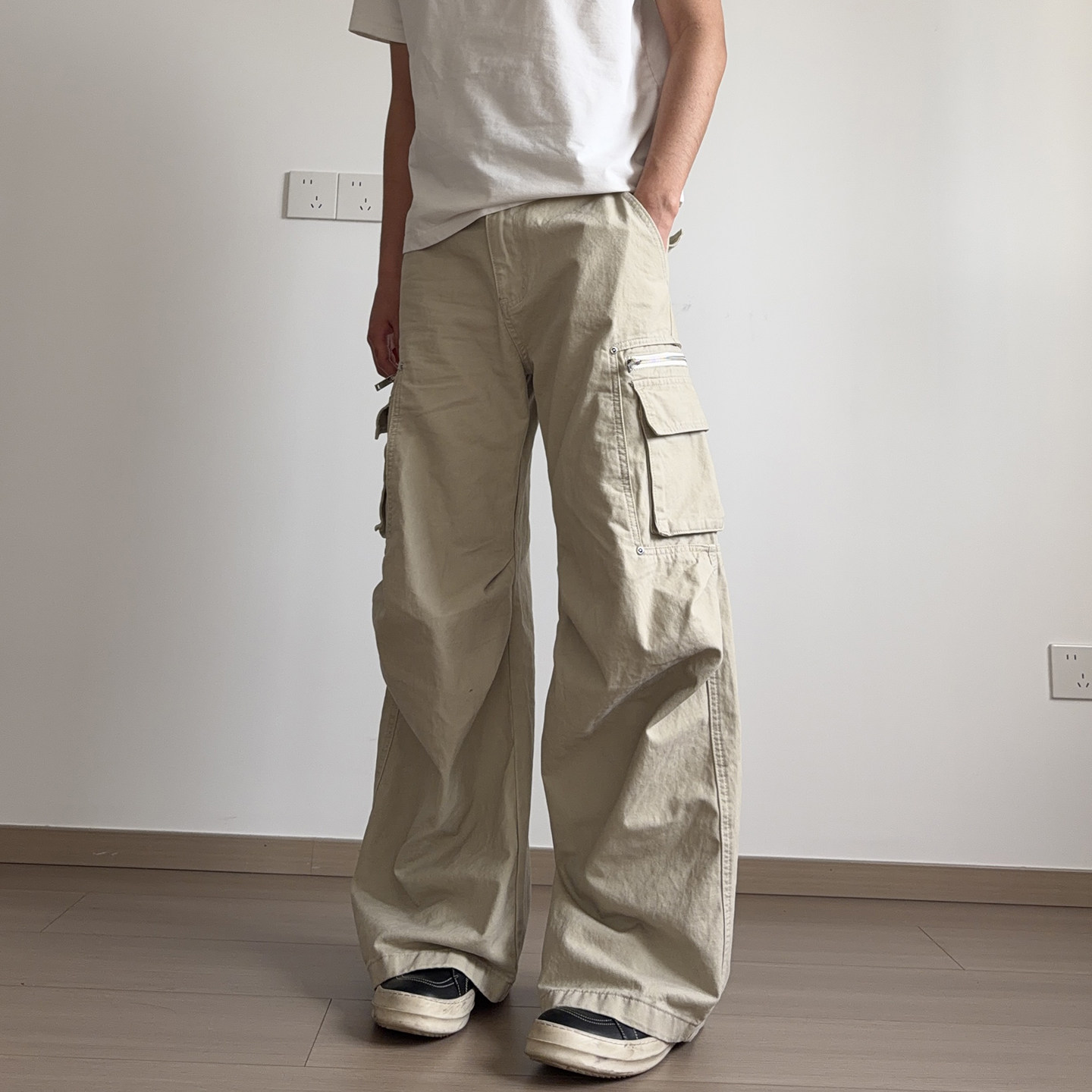 soxiox美式vintage卡其色工装裤男款夏季多口袋宽松复古阔腿裤子