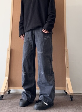 soxiox夏季vintage做旧美式牛仔工装裤男直筒宽松痞帅高级感裤子