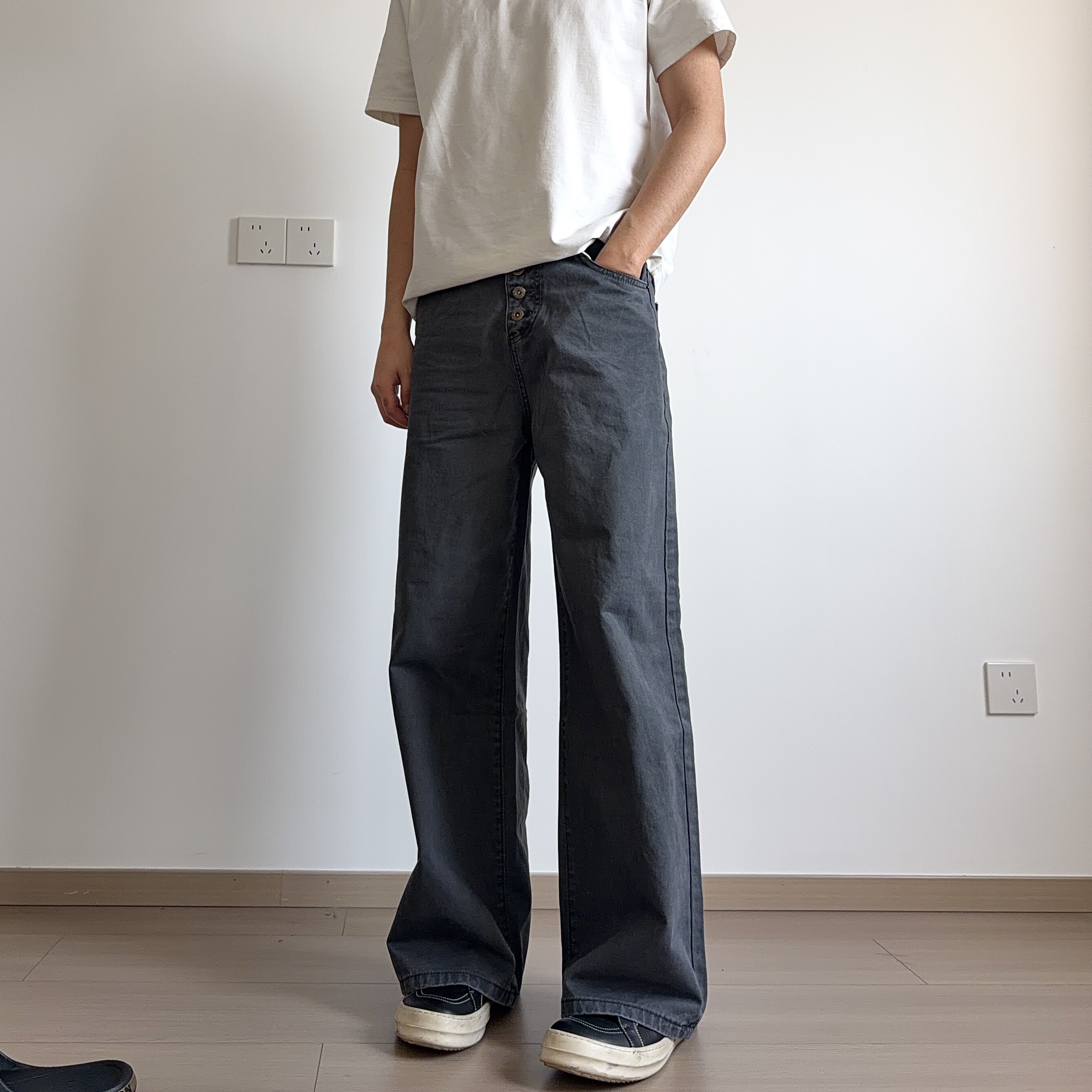 soxiox美式工装牛仔裤男女款夏季薄款五连扣直筒复古水洗做旧裤子