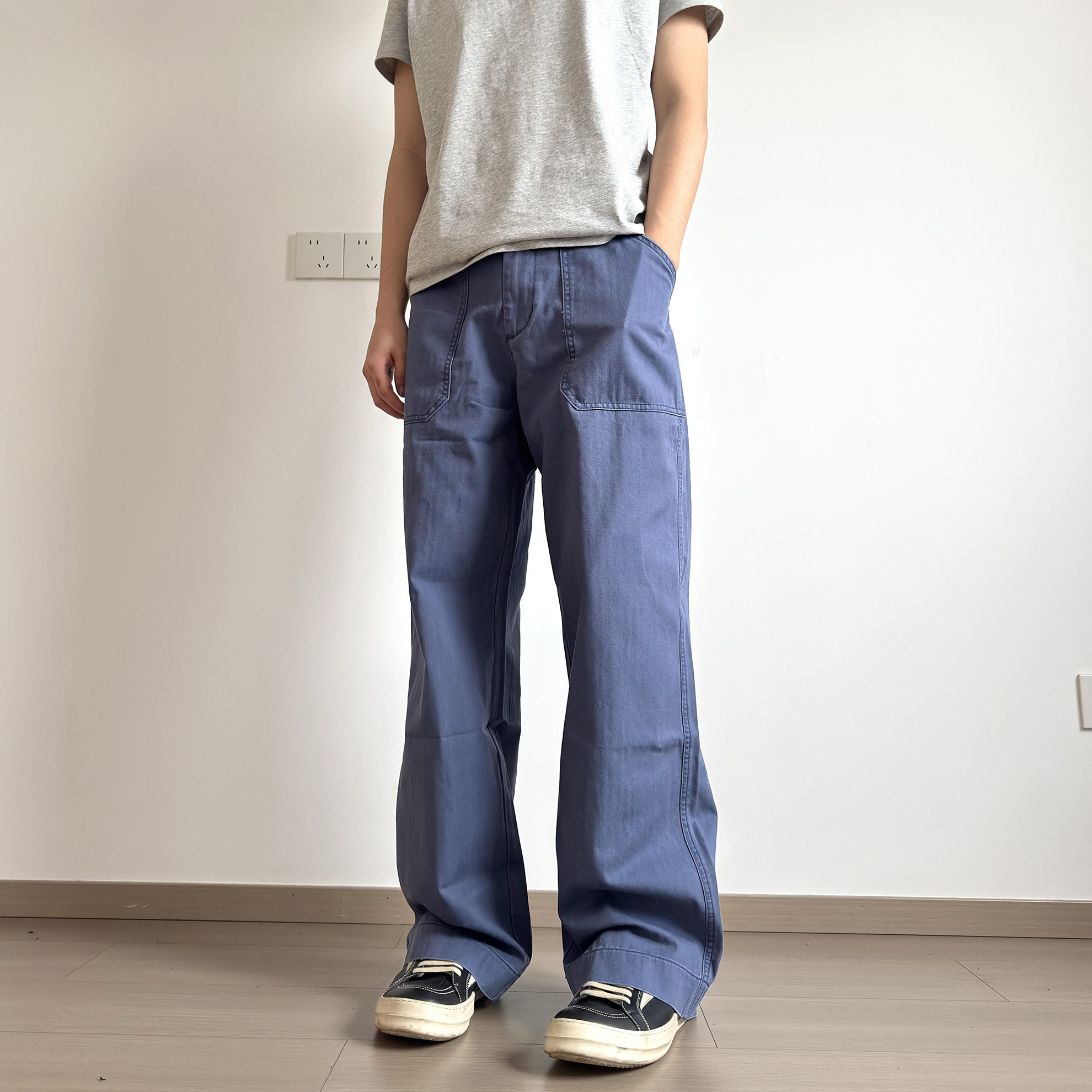 soxiox夏季法工蓝纯棉工装牛仔裤男女款立体口袋水洗做旧美式裤子