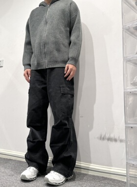 soxiox秋冬美式伞兵裤宽松直筒阔腿牛仔裤复古高级感烟灰色裤子潮