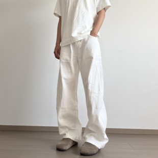 soxiox夏季薄款白色垂感弯刀牛仔裤男女宽松慵懒松弛感松紧腰裤子
