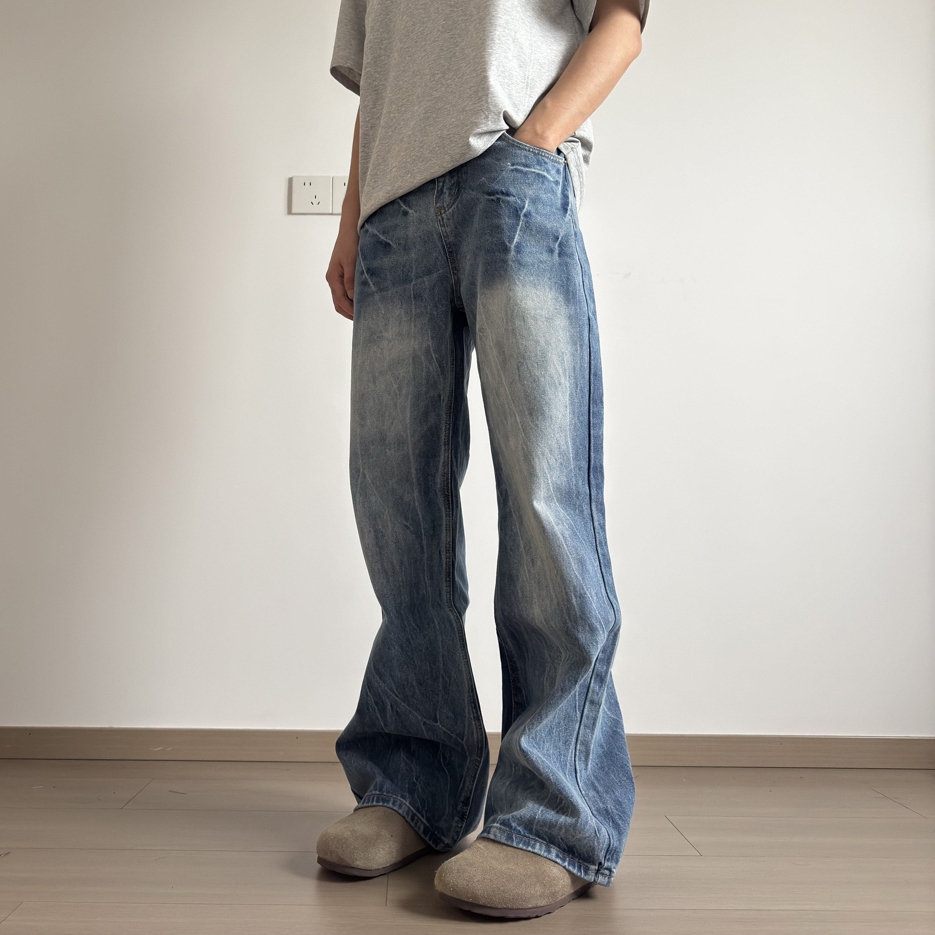 soxiox闪电纹修身微喇牛仔裤男女款修身美式复古vibe高街窄版裤子