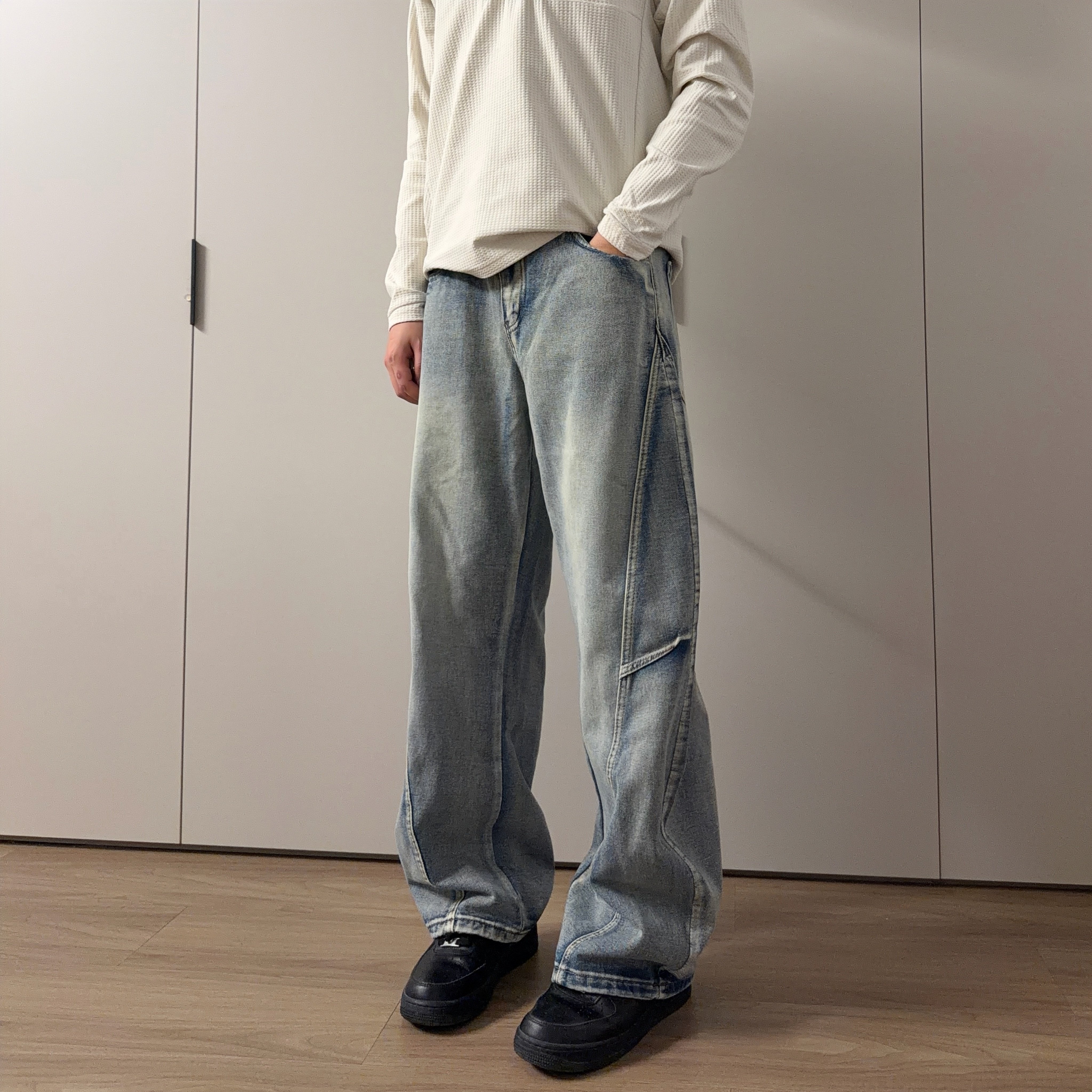 soxiox美式拼接设计弯刀牛仔裤男款夏季宽松cleanfit大码阔腿裤子