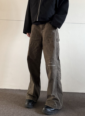 soxiox美式破洞工装牛仔裤男女宽松直筒高街cleanfit设计感裤子潮