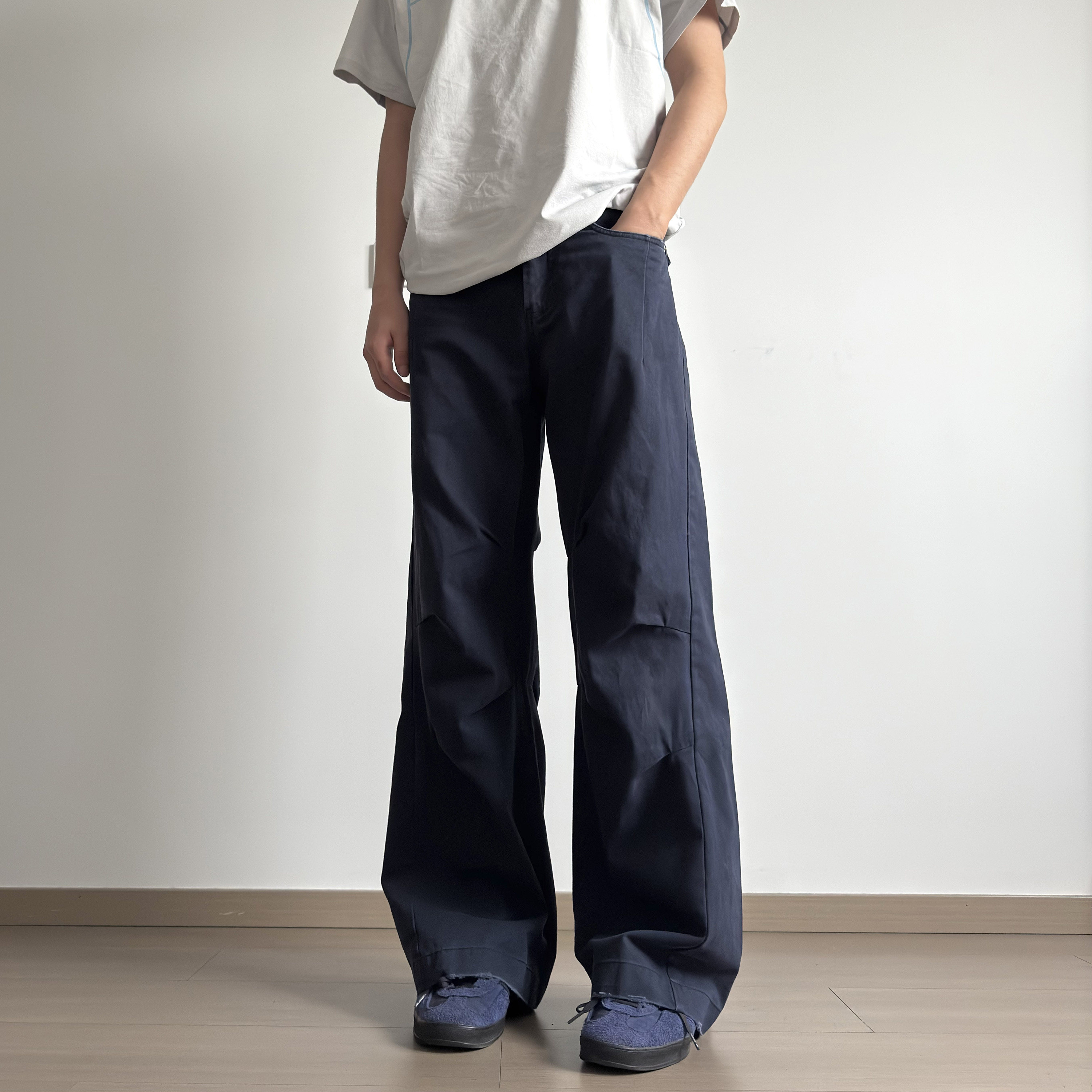 soxiox纯棉褶皱藏青色工装裤男女夏薄款直筒宽松美式大码休闲裤子