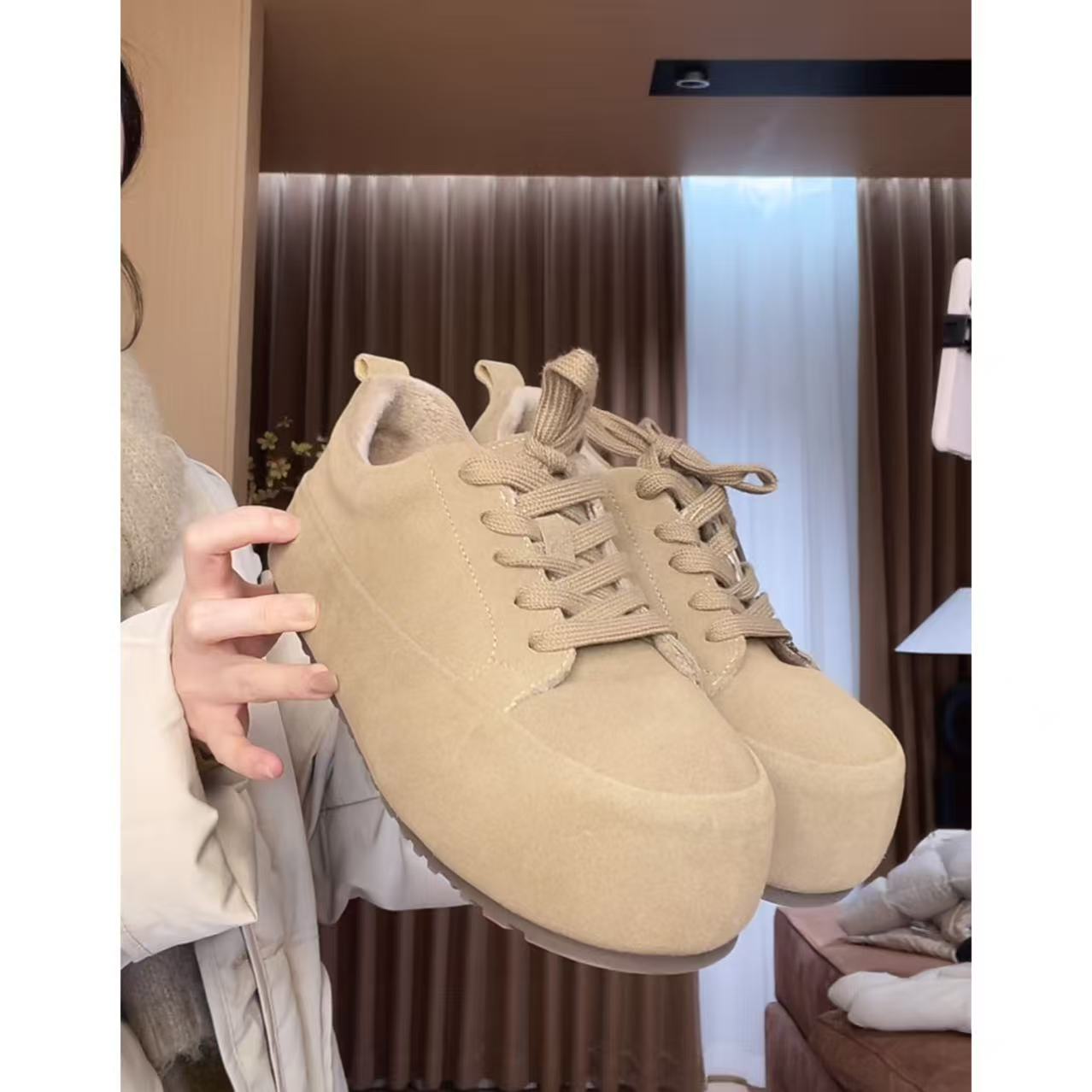 玖了个玖 2025秋冬新款加绒厚款面包鞋厚底大头乐福鞋 2510C6526