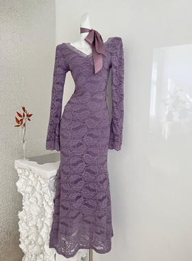 Barb Chill灰紫色蕾丝连衣裙长裙女冬季纯欲穿搭收腰显瘦新年战袍