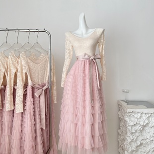 Catyears猫年 粉荔漫舞~复古法式蕾丝蓬松蛋糕裙摆连衣裙加绒