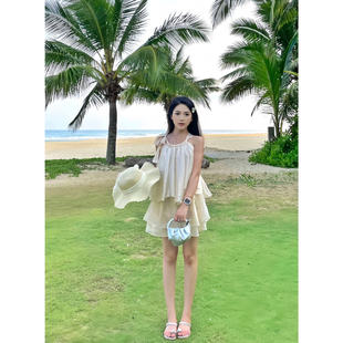 纯色系带蝴蝶结宽松褶皱上衣慵懒海边度假风气质显瘦裙裤套装女夏